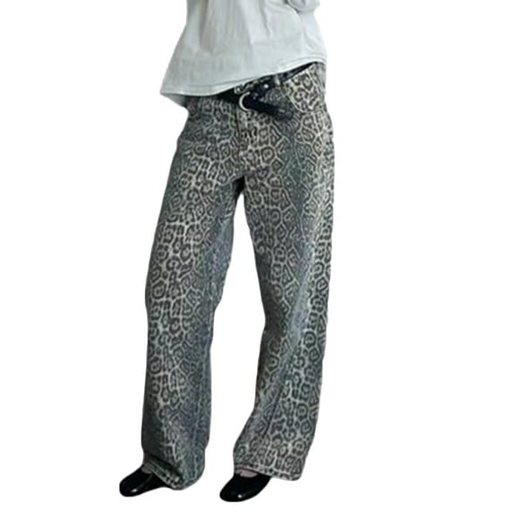 CaComMARK PI Womens Y2k Jeans Leopard Print Baggy Wide Leg Jeans 2000s Mcbling Grunge Clothes Khaki 12(XXL)