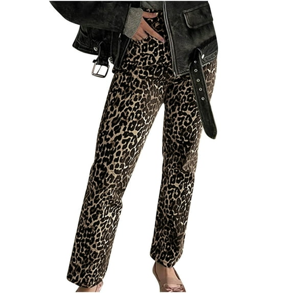 CaComMARK PI Y2K Leopard Print Pants Casual Loose Beggy Vintage Denim Pants Leopard Print Jeans Jeans for Women Brown 8(L)