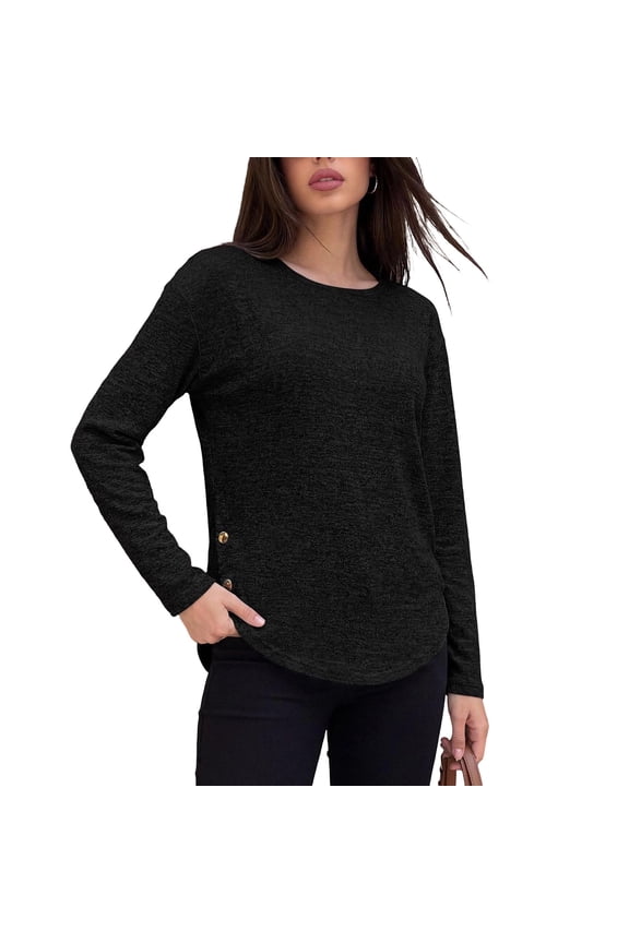 Crew Neck Long Sleeve Tops for Women Trendy Side Slit Button Blouses Curved Hem Fall Clothes Black