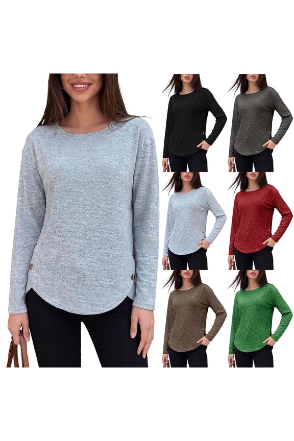 Crew Neck Long Sleeve Tops for Women Trendy Side Slit Button Blouses Curved Hem Fall Clothes Red