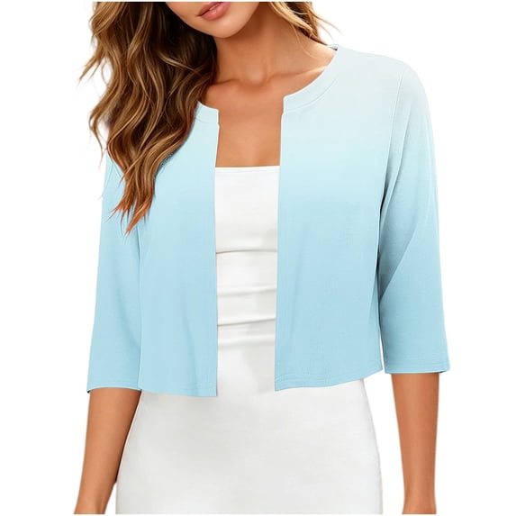 CaComMARK PI Cropped Cardigan for Women 3/4 Sleeve Open Front Bolero Shrug Trendy Cardigans Coat Tops Light Blue