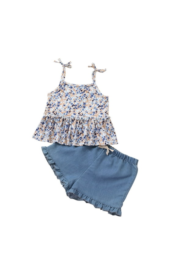 Fashion Girls' Casual Cotton Short Sleeve Tops Round Neck Collar Botton Printed Short Pants Sets