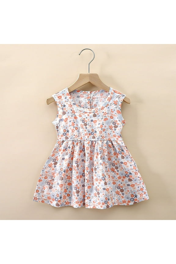 Fashion Girls' Summer New Short Sleeve Ruffled Pockets Round-Neck Printed Dress Dress Sweet Tank Top Birthday Outfits for Toddler Girls
