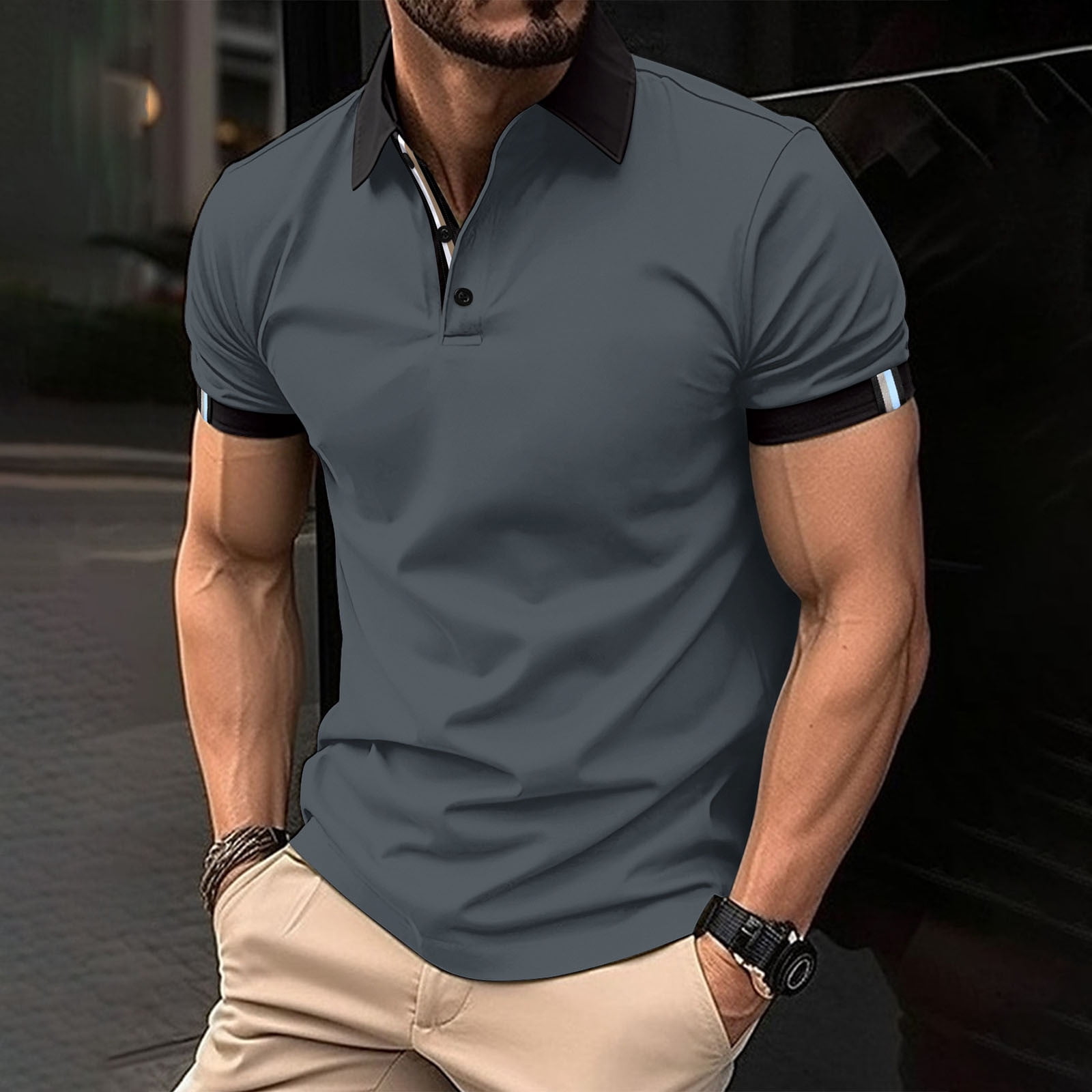 PI Fashion Men Casual Solid Button Short Sleeve Turndown