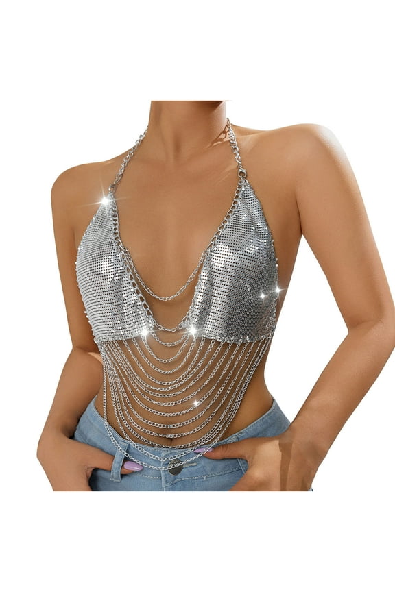 Women's Backless Cami Crop Top Sexy Metallic Tassel Nightclub Short Top Nightclub Party Cami Crop Silver Free Size(Free Size)