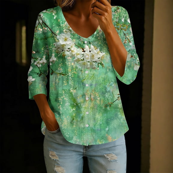 CaComMARK PI Floral 3/4 Sleeve Shirt for Women Printed V Neck Button Down Tunic Top Wide Hem Lightweight Tops Daily Wear Green-B