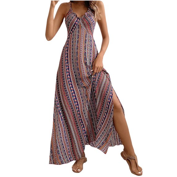 CaComMARK PI Last-chance savings Maxi Sundresses for Women 2025 Boho Summer Beach Long Wrap V-Neck Sleeveless Casual Side Split Dress Red M(M)