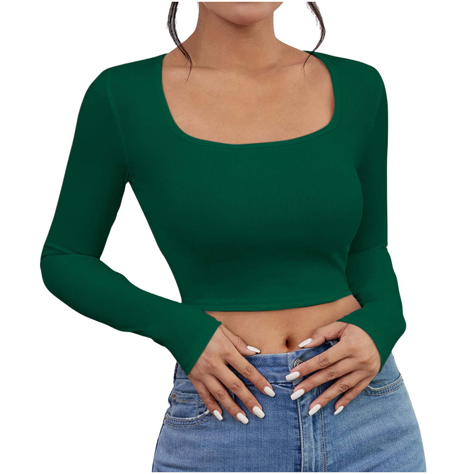 Women's Green Square Neck Fitted Crop Top