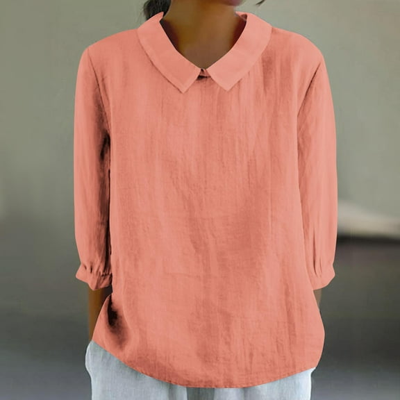 CaComMARK PI Linen Shirts for Women 3/4 Sleeve Plus Size Tops Casual Collar Dressy Blouses Loose Three Quarter Length Tunic Tops 90% off