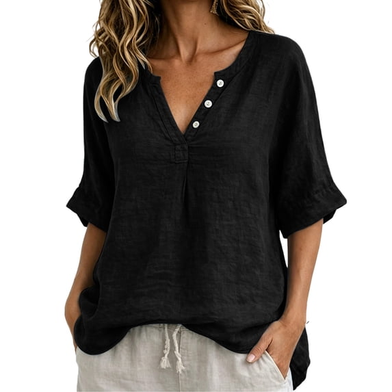 CaComMARK PI Linen Shirts for Women V Neck 3/4 Sleeve Loose Fit Cotton Tops Button Down Casual Dressy Clothes for Summer Black