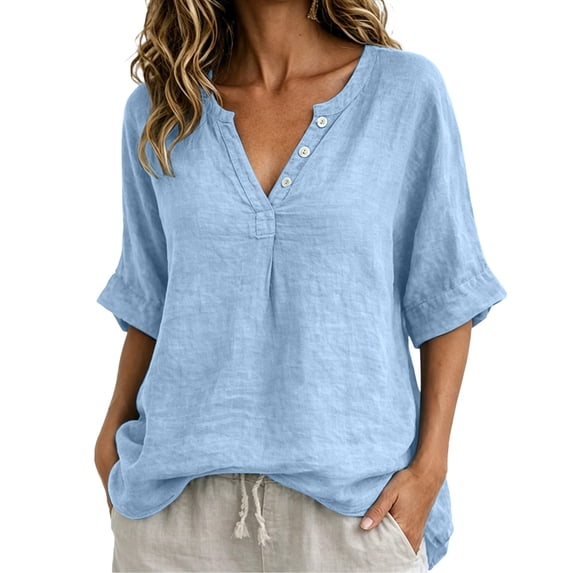 CaComMARK PI Linen Shirts for Women V Neck 3/4 Sleeve Loose Fit Cotton Tops Button Down Casual Dressy Clothes for Summer Light Blue