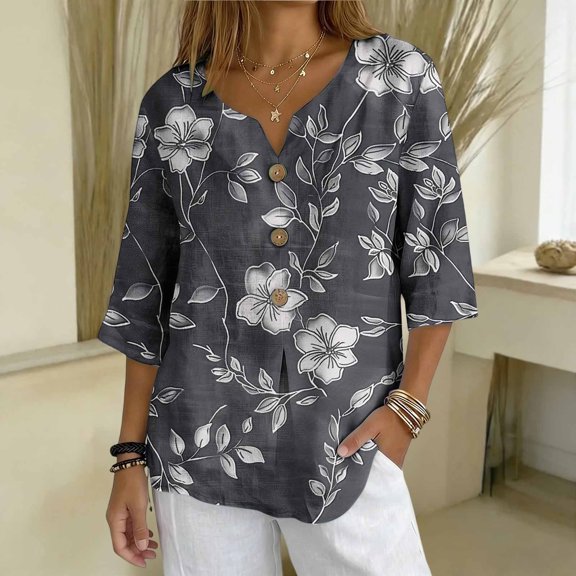 CaComMARK PI Linen Tops for Women 3/4 Sleeve V Neck Button up Tunic Shirt Loose Casual Summer Boho Floral Print Blouse Vacation Clothes Multi-color-Q