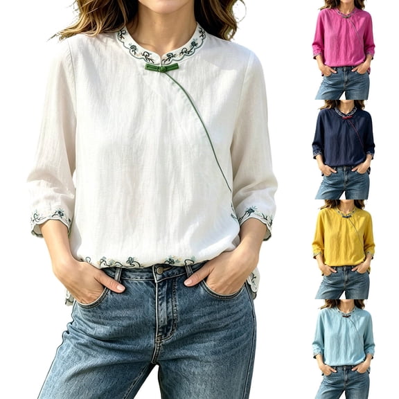 CaComMARK PI Linen Tops for Women Embroidered 3/4 Sleeve Bohemian Peasant Shirts Retro Button Mandarin Collar Tops Yellow