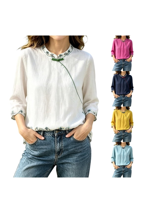 Linen Tops for Women Embroidered 3/4 Sleeve Bohemian Peasant Shirts Retro Button Mandarin Collar Tops Yellow