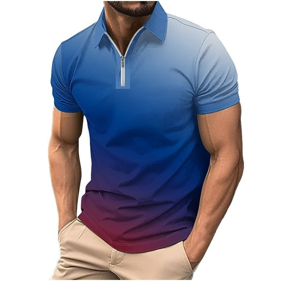 CaComMARK PI Men Casual Printed Short Sleeve Turn Down Collar Zipper T-Shirt Blouse Tops Polo Shirt Midweight Men's Shirt