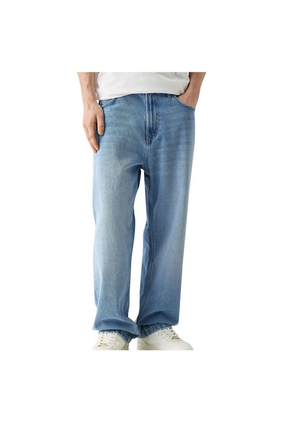 Men's Jeans Clearance Baggy Retro Hip Hop Wide Leg Denim Pants Stretchy Loose fit Straight Leg Jeans Trousers 90s Streetwear Blue 8(L)