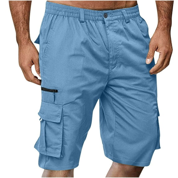 CaComMARK PI Men's Shorts Men Casual Solid Color Knee Length Cargo Pants with Pocket Straight Button Zipper Shorts Blue