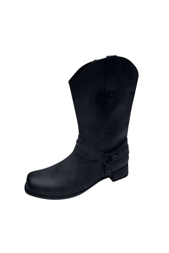 Mens Boots Leather Non-slip Slip-On Round Toe Buckle Low-heeled Shoes Cowboy Black