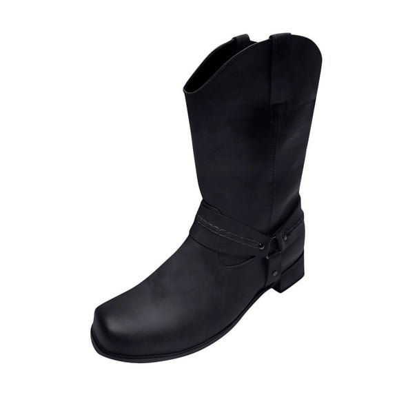 CaComMARK PI Mens Boots Clearance Leather Non-slip Slip-On Round Toe Buckle Low-heeled Shoes Cowboy Black