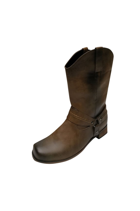 Mens Boots Leather Non-slip Slip-On Round Toe Buckle Low-heeled Shoes Cowboy Brown