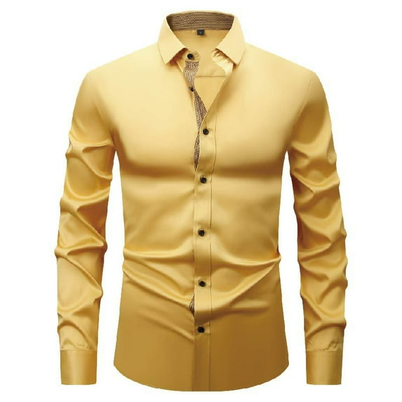 CaComMARK PI Mens Business Dress Shirts Long Sleeve Casual Button Down Shirt formal Inner Collar Contrast Shirt for Men Wedding Yellow L(L)