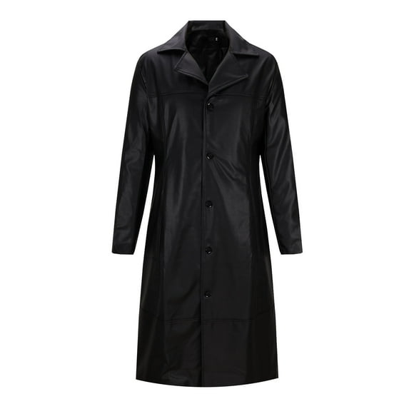 CaComMARK PI Mens Leather Trench Coat Clearance Full Length Black Classic Faux Leather Long Coat Fashion Solid Long Sleeved Button Up Collar Leather Jacket Black 14(3XL)