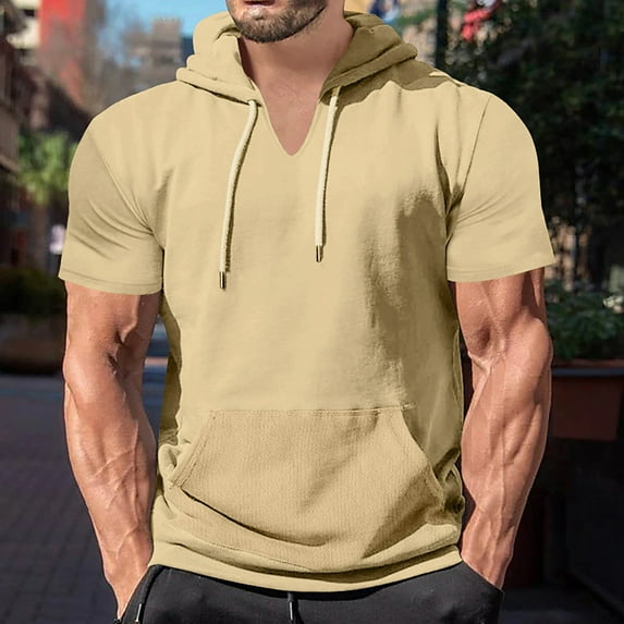 CaComMARK PI Mens Short Sleeve Hoodies Cotton Blend Summer Lightweight Hooded T-Shirt V Neck Pullover with Kangaroo Pocket 90 percent off sale
