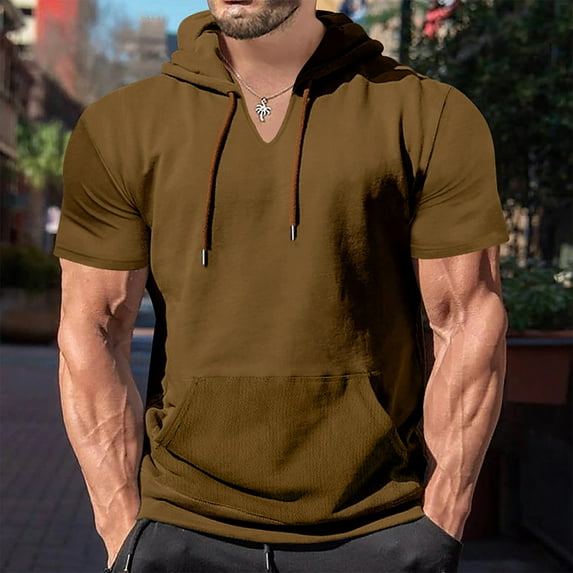 CaComMARK PI Mens Short Sleeve Hoodies Cotton Blend Summer Lightweight Hooded T-Shirt V Neck Pullover with Kangaroo Pocket deal of the day clearance