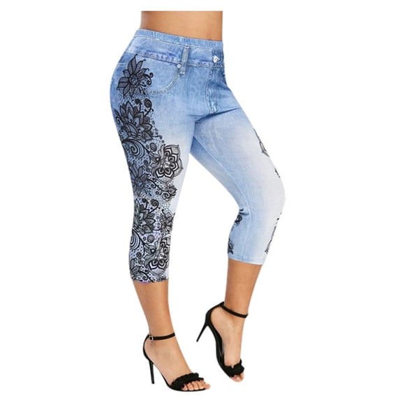 CaComMARK PI Pants for Women Clearance Summer Panel Denim Leggings Yoga Capris Blue
