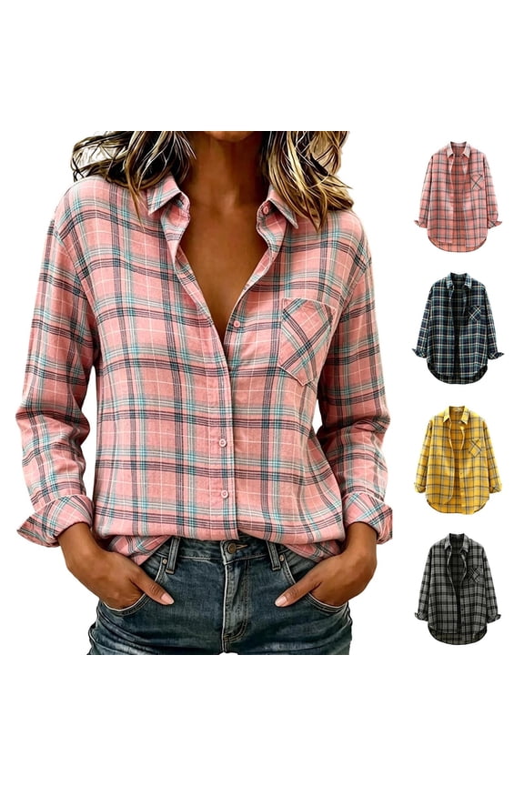 Plaid Shirts for Women Long Sleeve Button Down Collared Shirt Loose Fit Workout Casual Cotton Shirt with Chest Pocket Yellow