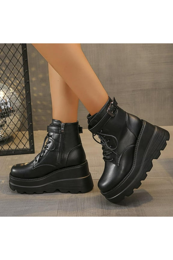 Platform Ankle Boots for Women Chunky High Heel Booties Goth Round Toe Combat Boots Women Lace Up Motorcycle Wedges sales today clearance