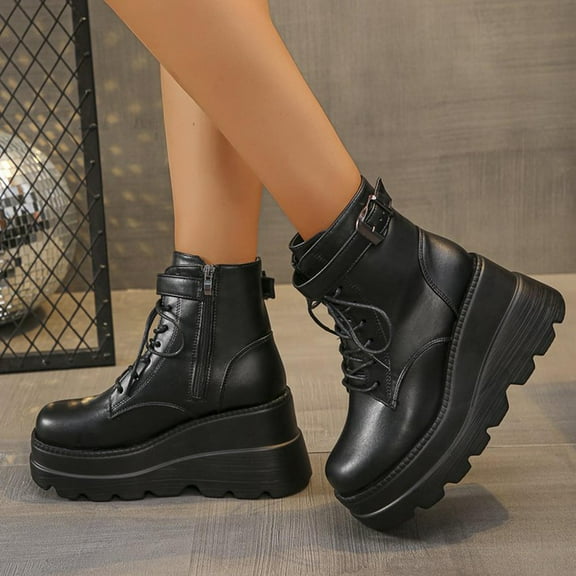 CaComMARK PI Platform Ankle Boots for Women Chunky High Heel Booties Goth Round Toe Combat Boots Women Lace Up Motorcycle Wedges items