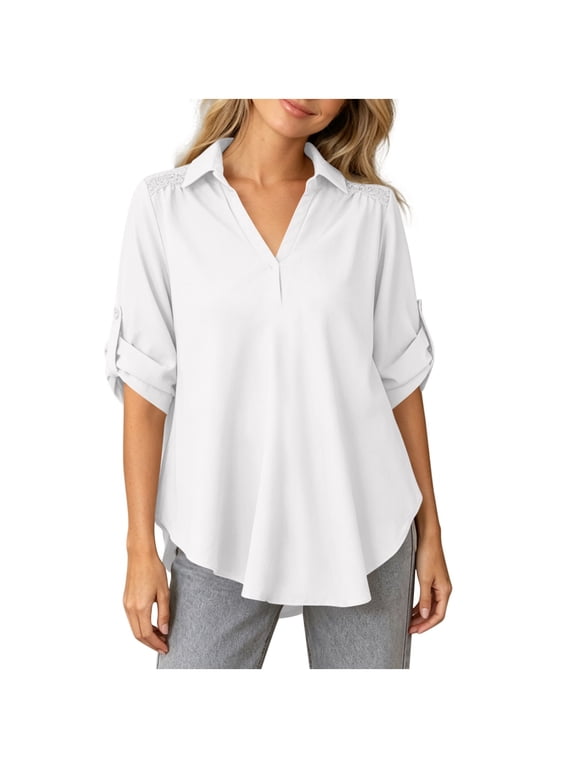Plus Size Women's Chiffon Blouse Roll Sleeve V-Neck Work Shirt Casual Loose Fit Business Tunic Fashion Sport Sun Shirts White