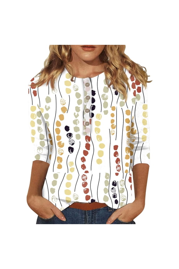 Plus Size Womens Clothes Women's Casual 3/4 Sleeve Printed Round Neck Blouses Buttoned Basic Tunic T-Shirts Tops White