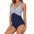 thumbnail image 1 of CaComMARK PI Reduce One Piece Swimsuits for Women Slimming Tummy Control Bathing Suit Striped Retro Ruched Push Up Vintage Padded Swimwear Blue XL, 1 of 1