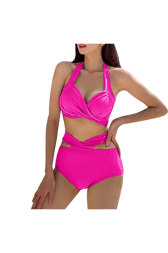 Reduce Womens Tummy Control Bathing Suits Sexy Modest High Waisted Bikini Sets Cute Halter 2 Piece Swim Suit 2025 Hot Pink L