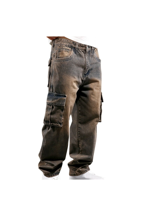 Cargo Jeans for Men Multiple Pockets Casual Loose Hip Hop Denim Work Pants Jeans with Cargo Pockets Brown 3XL