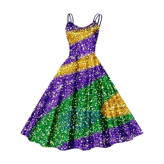 CaComMARK PI Mardi Gras Dress for Women Carnival Sparkling Printed Retro Glitter Spaghetti Strap Sleeveless Swing Flutter Strap Dress Multicolor 12(XXL)