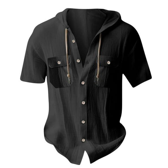 CaComMARK PI Reduced Men's Hooded Cardigan Fashion Sports Casual Solid Color Loose Short Sleeved Men's Shirt Short Sleeved Hooded Top Black S(S)