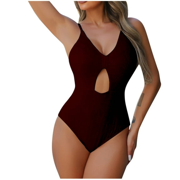 CaComMARK PI One Piece Swimsuit for Women Summer Cutout Solid Color Sexy Backless Strap Bikini Swimsuit Red XXL
