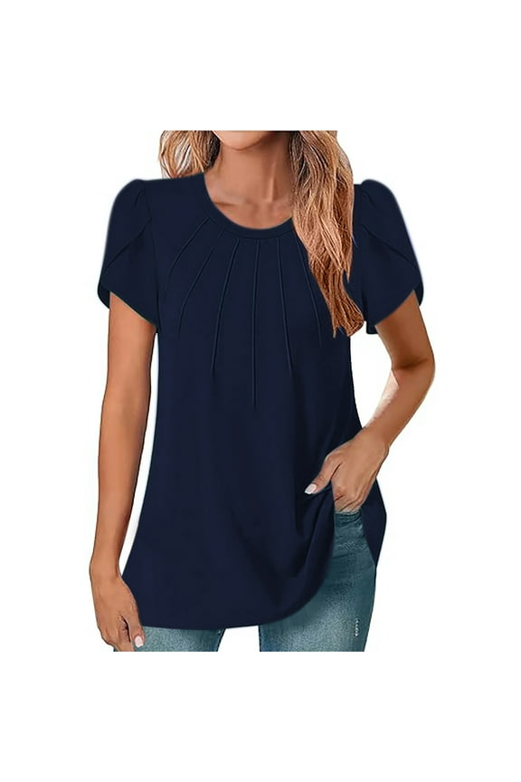 Summer Tops for Women Short Sleeve New Solid Color Round Neck Pleated Solid Color T-shirt Top Sky Blue L(L)