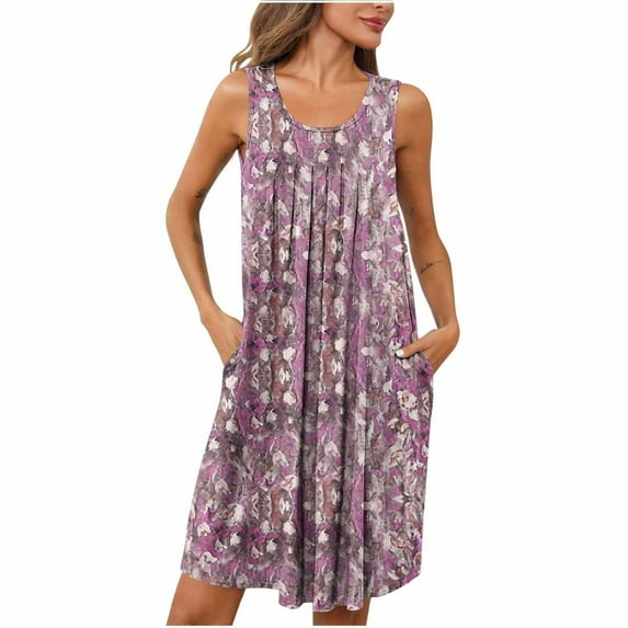 CaComMARK PI Reduced Women Nightdress Florals Print Sleeveless Pleated U Neck Sleepwear with Pockets Pink S(S)