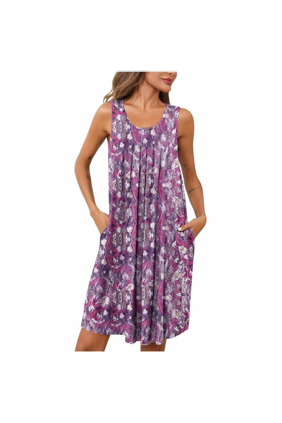 Women Nightdress Florals Print Sleeveless Pleated U Neck Sleepwear with Pockets Purple XL(XL)