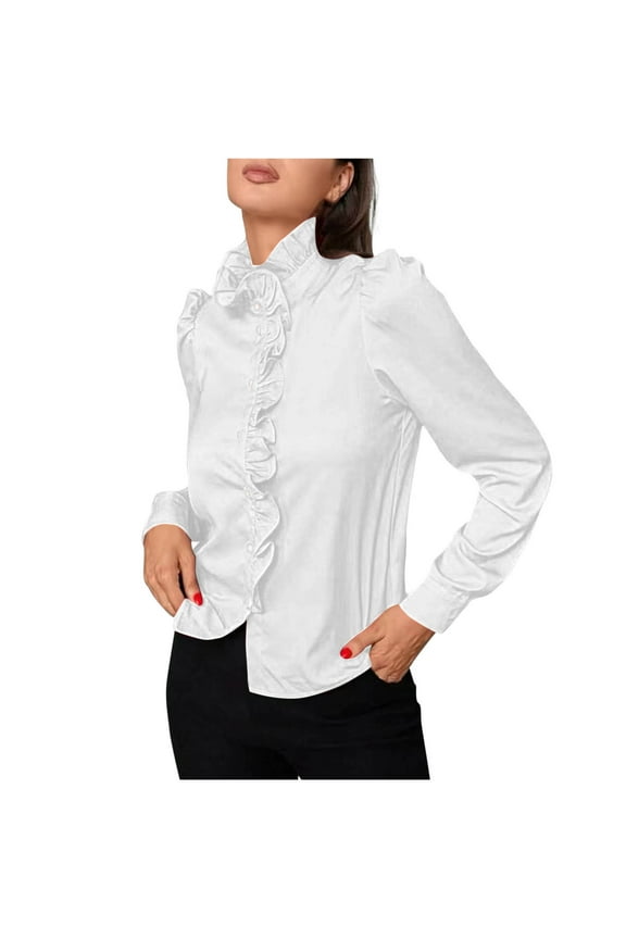 Women's Blouse Elegant Ruffle Trim Long Sleeve Button Front Shirts Casual Solid Ladies Tops White L(L)