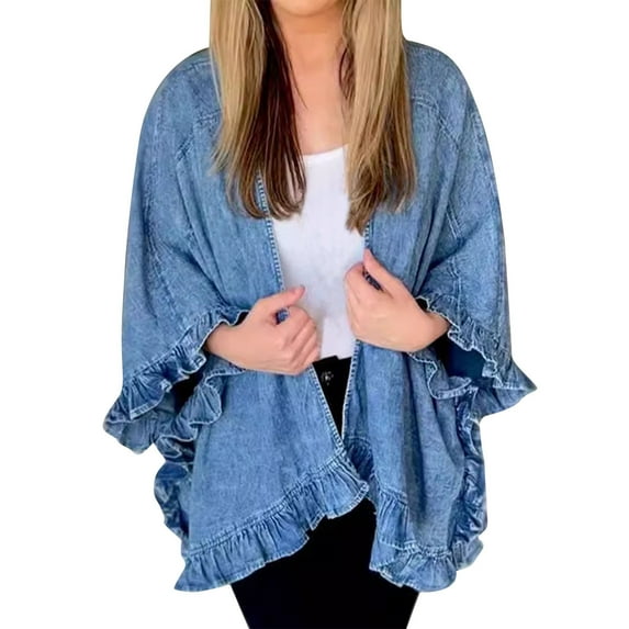 CaComMARK PI Women's Ruffle Denim Cardigan Jacket Shawl Loose Fit Cloak Coat Fashion Denim Jackets Poncho Cape Blue 8(L)