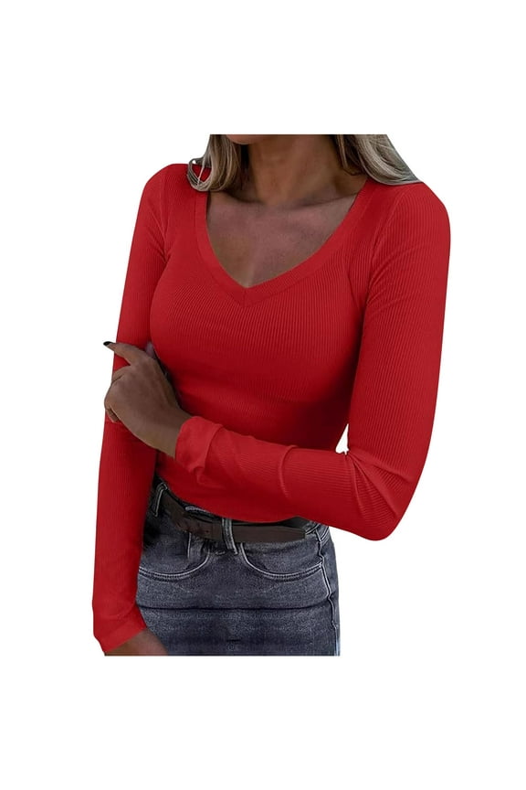 Womens Long Sleeve Shirts Sexy V Neck Ribbed Knit Fitted Casual Tops Tee Slim Basic Shirt Red XL(XL)