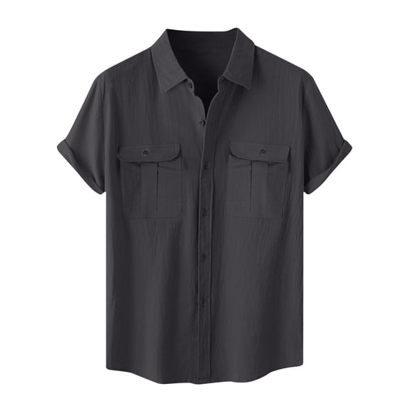 CaComMARK PI Sale Cotton Linen Shirts for Man Short Sleeve Vintage Casual Pocket Solid Color Button Lapel Fashion Top Dark Gray 3XL