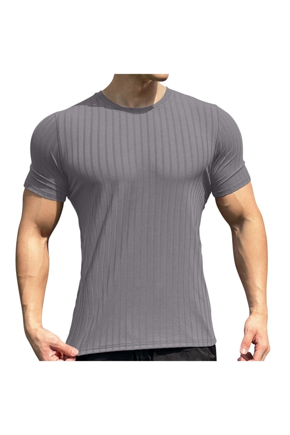 Sale Men's Short Sleeve TShirts Ribbed Solid Color Round Neck Casual Fashion Blouses Shirts Gray 3XL