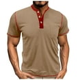 thumbnail image 1 of CaComMARK PI Sale Mens Henley T-Shirt Short Sleeve Cotton Maverick Shirt Casual Fashion Round Neck Top Khaki XXL, 1 of 3