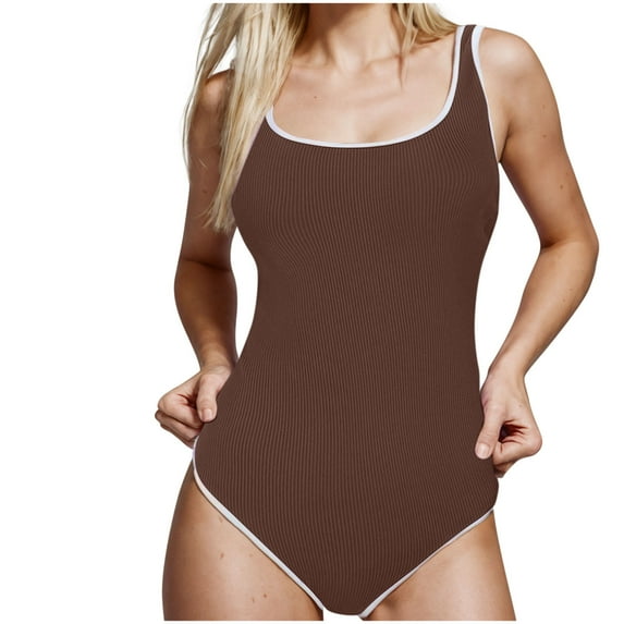 CaComMARK PI Sale One Piece Swimsuit for Women High Waisted Tummy Tuck Ribbed Sexy Slim One Piece Swimsuit Brown L